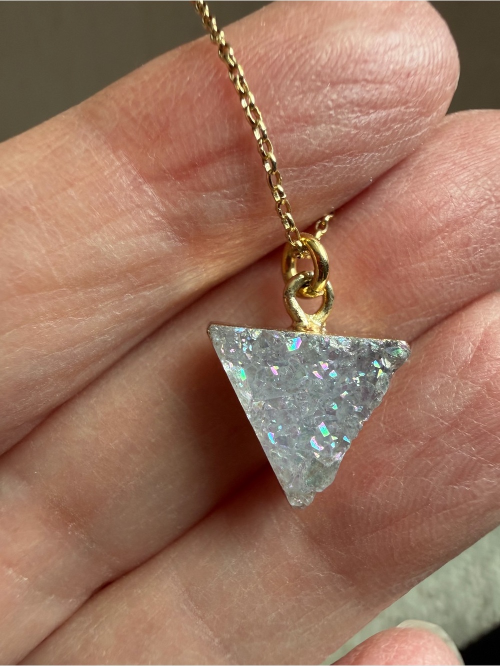 Gold Triangle Druzy Pendant Necklace - White Iridescent